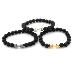 2017 Nieuwe Lava Rock Bedels Armbanden met Dumbells Vrouwen Zwart natuursteen Kralen Armband Voor Mannen Mode-sieraden goedkope groothandel