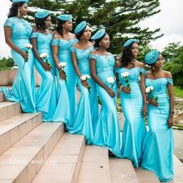 2019 Nieuwe Lange Goedkope Zuid-Afrikaanse Turquoise Formele Bruidsmeisjes Jurk Kant Bodice Cap Sleeves Maid of Hono Town Plus Size Custom Made