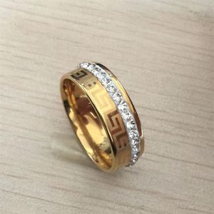 2017 nieuwe Luxe hoge kwaliteit breed 8mm 316 Titanium Staal geel vergulde Griekse sleutel trouwring crystal ring mannen women221K
