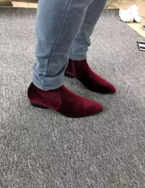 2017 nouveaux hommes bottes en velours de haute qualité vin rouge chaussons mâle bout pointu talon bas mujer botas chaussures de fête bota mâle