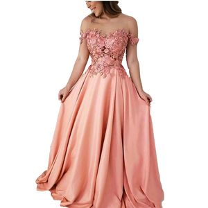 2022 Sexy Peach A-ligne Longue Robes De Demoiselle D'honneur Longueur De Plancher Fleur Dentelle Appliques Cristal Satin Hors Épaule Robe De Soirée Robes de fiesta de noche Plus Taille