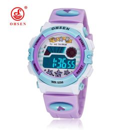 NIEUW OHSEN MERK Digitale LCD -kinderen Kinderen Sportpolshorloges Purple Rubber Strap Chronograph Alarm Date Cartoon Girls Watche293p