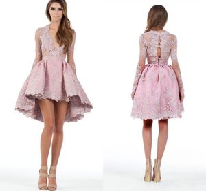 2019 nouvelles robes de soirée cocktail rose sur mesure manches longues haute basse dentelle appliques plongeantes robes de soirée bal courte mini robe 1377