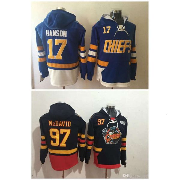 2017 Nuevo Jersey Jerseys de hockey Charlestown CHIEFS 17 Steve Hanson Blue Erie Otters 97 Connor Mcdavid Sudadera con capucha Sudaderas deportivas Chaqueta rara