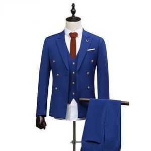 Chaqueta Blazer azul real con doble botonadura para hombre, foto Real, esmoquin para novio, trajes de negocios para graduación (chaqueta + Pantalones + chaleco + corbata) K:33