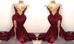 2017 Nouveau sexy africain Bourgogne Robes de bal de soirée Sormide Sirène Gold en dentelle appliquée Front Split 2k18 Elegant Formal Evening Party2953762
