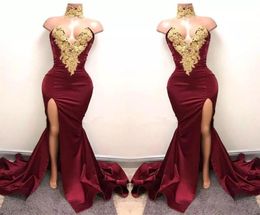 2017 Nuevo Sexy African Borgoundy Prom Dresses Evening Wear Mermaid Gold Lace Apliquado Front Split 2K18 Elegante Partido Formal Formal2119159
