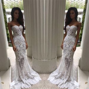 2017 Nieuwe Sexy Goedkope Mermaid Trouwjurken Sweetheart Witte Kant Applicaties Beaded SwetTrain Sheer Illusion Plus Size Formele Bruidsjurken