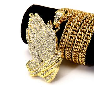 Nueva plata rezando manos Hiphop Bling collar para hombre 18k oro religioso Jewlry Iced Out oración Jesús mujeres hombres regalo chapado