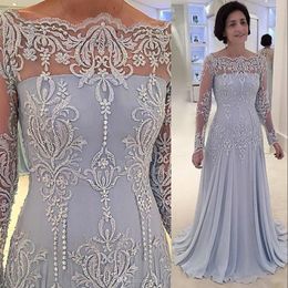 2021 Vintage bleu ciel mère de la mariée robes hors épaule broderie dentelle appliques manches longues grande taille robe de soirée mariage robes d'invité