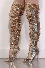2017 nouvelles femmes d'été paillettes sequin longues bottes chaussures de soirée gladiateur chaussons talon mince dame bling bling cuissardes peep toe bottes