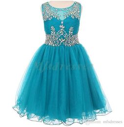 2017 Nouvelle Sarcelle Tulle Court Filles Pageant Robes Genou Longueur Perles Fleur Fille Robe Enfants Bal Robes De Soirée Filles Formelle Fête D4643555