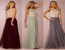 2017 Nouvelles tendances Deux pièces de demoiselle d'honneur Robes en dentelle en dentelle en tulle jupe bordeaux gris mint transparent cou de couche pleine longueur élégante bal 7397910