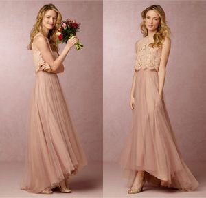 2020 Nieuwe Vintage Blush Roze Twee Stukken Bruidsmeisjes Jurken Kant Tulle Lange Bruidsmeisjesjurken Retro Hi-Lo Prom feestjurk