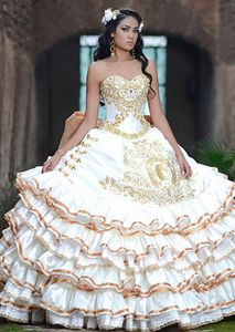 2017 nieuwe witte gouden satijnen baljurken borduurwerk quinceanera jurken met kralen zoete 16 jurken 15 jaar prom jurken qs1005