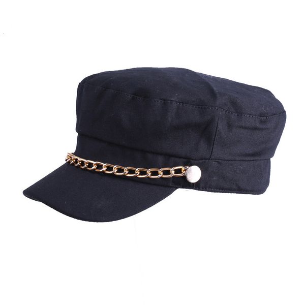 2017 nouvelles femmes chapeaux militaires avec chaîne en métal doré étudiants solide bord incurvé casquette de Baseball à dessus plat