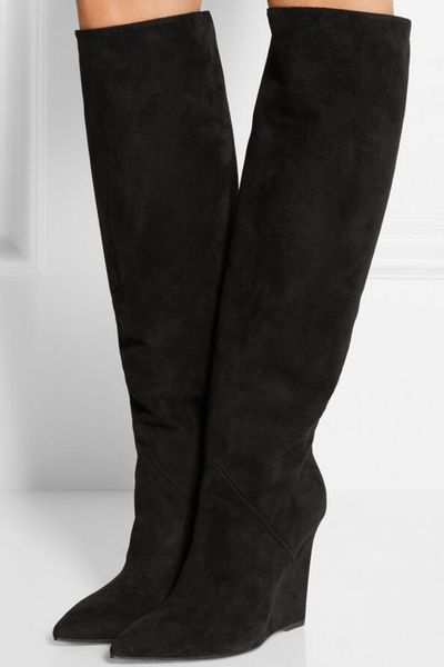 2017 nuevas mujeres sobre la rodilla botas de cuña de ante negro botas de tacón alto mujer punta estrecha muslo botas altas botas de cuero