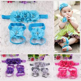 Schattige baby haaraccessoires voet chiffon strass bloem blootsvoets sandalen + hoofdband 3 stks / set baby elastische haarbanden baby kinderen hoofdbanden