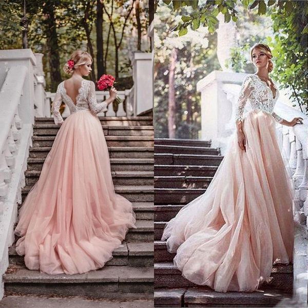 2019 plus récent fard à joues rose pays robes de mariée avec manches col en V profond illusion top dentelle appliques couleur tulle jupe robes de mariée sur mesure