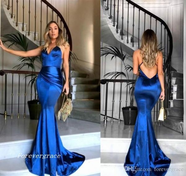 2019 Venta caliente Royal Blue Satin Mermaid Prom Dress Cheap Backless Formal Holidays Wear Graduation Evening Party vestido por encargo más tamaño