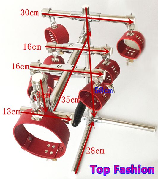 Varilla de acero inoxidable portátil Sm Bondage dispositivo de entrenamiento para perros con tobillera de cuero puños Collar y consolador arnés sexo