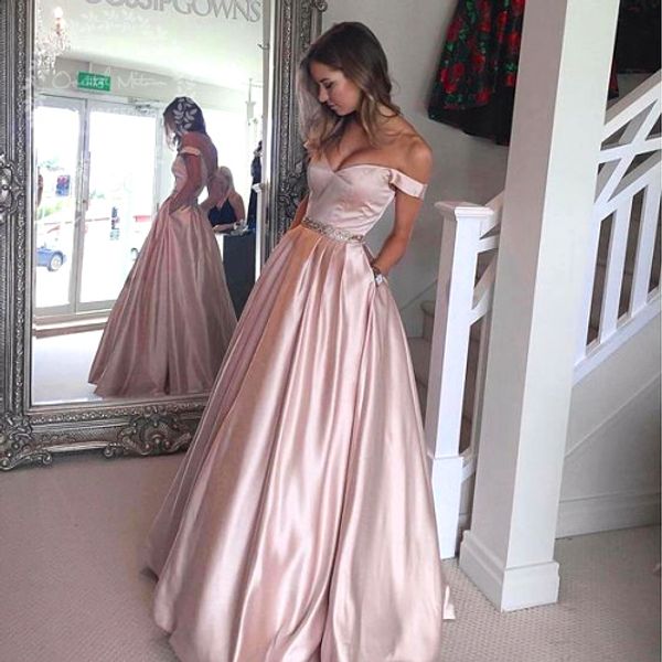 2017 Off Hombro Bola Vestido Pearl Pink Largo Vestidos de noche Rose Satin Oro Dorado Vestido de fiesta con bolsillo vestidos formales