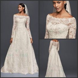 2019 Nuevos vestidos de novia de encaje vintage modestos de Oleg Cassini con mangas largas Apliques de encaje Fuera del hombro Jardín Vestidos de novia de talla grande al aire libre