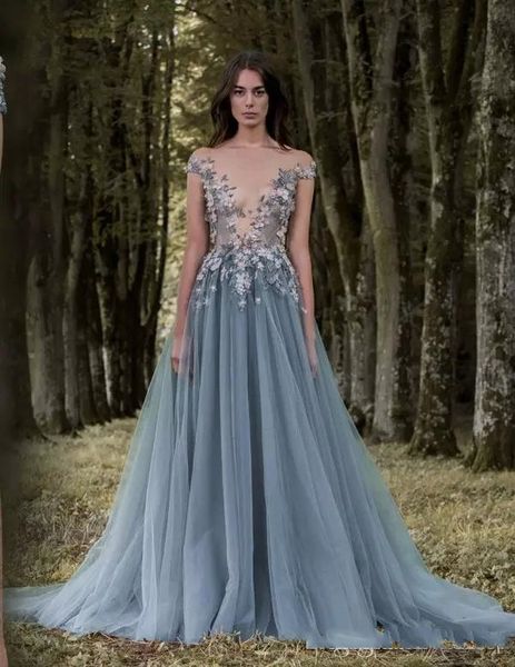 2023 Paolo Sebastian Vestidos de noche grises Escote profundo de encaje Apliques 3D Fiesta con cuentas Vestidos de fiesta Ropa de noche de tul para mujeres