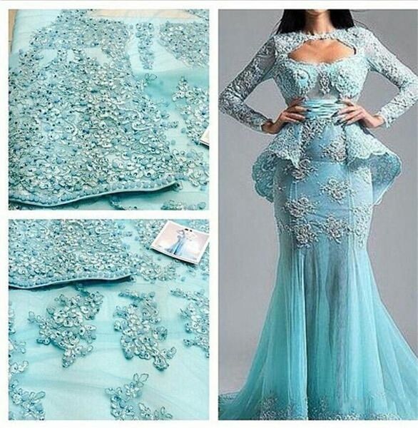 2019 Vestidos de fiesta de noche hermosas calcomanías azules con cuentas de encaje de manga larga vestido de sirena sexy cinturón de cuello redondo mujer 600