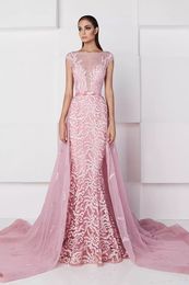 Pink Applique Plancher longueur robe de soirée de la gaine Coldeau de Bateau Robe de bal avec train détachable Train Occasion