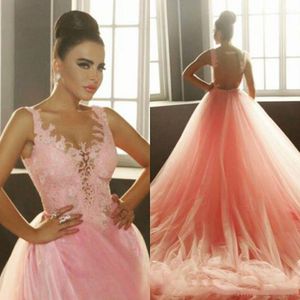 2017 roze vrouwen formele avondjurken Arabische kant applique v-hals vloer lengte pure back speciale gelegenheid jurk prom feestjurken