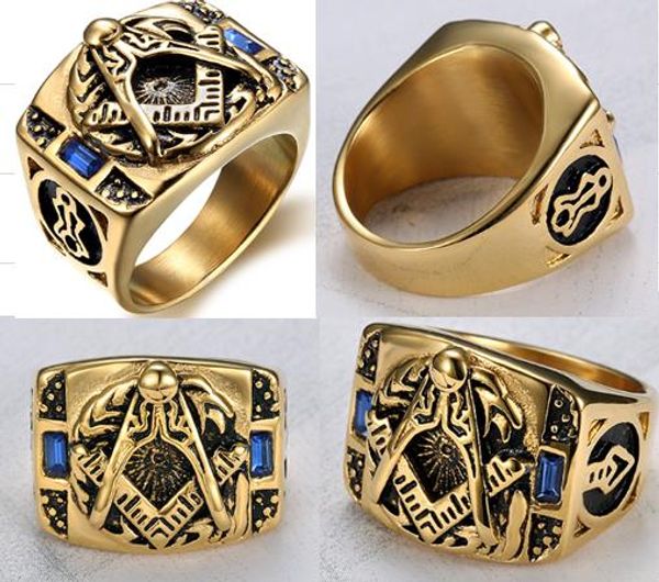 Popular zafiro azul CZ Freemason Masonic hombres anillos 316L Acero inoxidable libre Mason Master Signtet Sign Bass and Square Fraternity Artículo Anillo Joyería de alta calidad