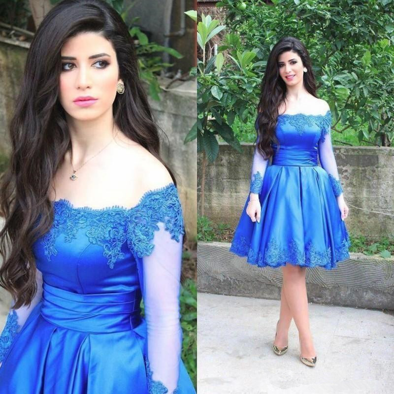 2019 Popular Short Blue Homecoming Dress Long Sleeve Off Shoulder Lace Satin Knee Length Girls Prom party Gowns Custom Made