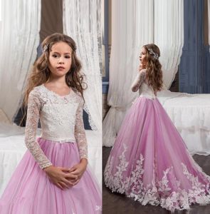 2017 Princess Long Sheeves Lace Flower Girl -jurken Vestidos Puffy Pink Kids Avond Ball Gown Party Pageant -jurken Girls2384816