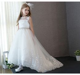 2017 Princesse robe de mariée Blanc Dentelle Fleur Fille Robe Vestidos Long Trailing Enfants Soirée Robe De Bal Parti Pageant Robes Première Communion