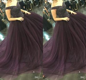 Nieuwe Prom Dresses Sparkle Bling Top Beaded Off Shoulder Grape Sweep Train Tulle Ball Town Puffy Cobe Formal Party Jurk Evening Jassen