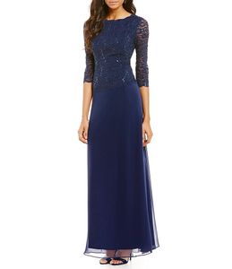 2022 Azul marino Lentejuelas de encaje Vestidos largos para madre de la novia Falda de gasa de manga 3/4 Tallas grandes Vestidos de noche formales Ropa para bodas personalizada