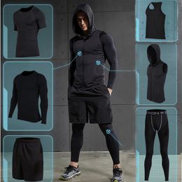 2017 conjuntos de correr de secado rápido para hombres 6 unids/set trajes deportivos de compresión mallas de baloncesto ropa gimnasio Fitness Jogging ropa deportiva