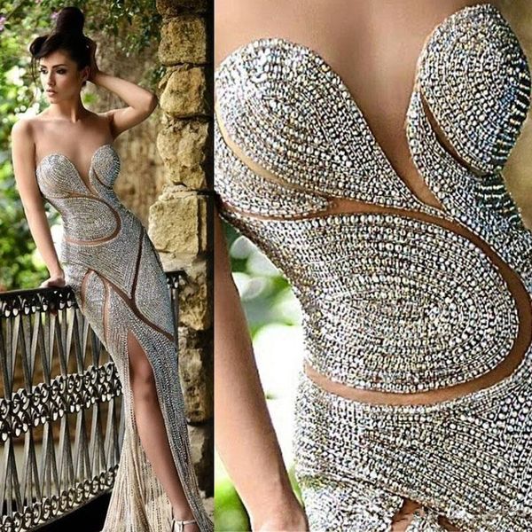 Rami Salamoun Bling Beaded Prom Vestidos de noche Rhinestones Sheer Jewel Split Mermaid Sparkly Celebrity Prom Vestido de imagen real