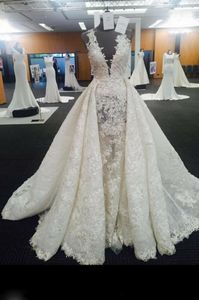 2017 echte afbeelding trouwjurk met over-rok kant applique zeemeermin lange bruidsjurken verbluffende kant birdal trouwjurken