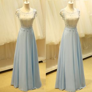 2017 Echte foto Ivory Sheer hals met kralen geappliqueerde Top Light Blue chiffon rok Prom Jurken Lange Goedkope Custom Made EN8251