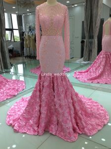 2019 Echte Foto's Roze Kleur Mermaid Prom Dress Sexy Beaded Crystals Lange Mouwen Party Gown Custom Made Plus Size