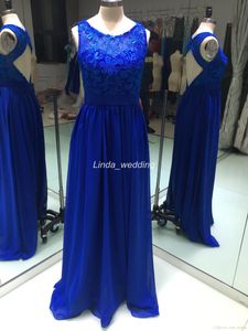 2019 Fotos reales Vestido largo de dama de honor azul real Gasa de encaje Sin mangas Sin espalda Invitada formal Vestido de dama de honor Tallas grandes por encargo