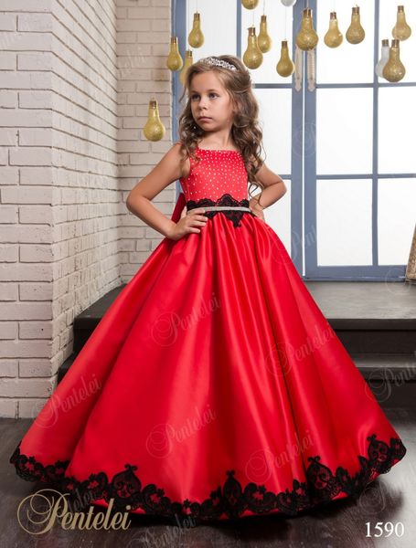 2021 robes de noël filles rouges avec des détails noirs et des cristaux de grand arc satin une ligne robes de soirée petites filles sur mesure