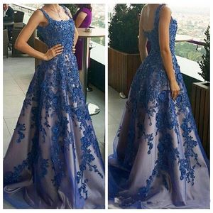 2023 Royal Blue Long Prom Dress Lace Appliques kralen veter zonder rugloze tule vrouwen formele feestavond plus maat speciale gelegenheid jurken