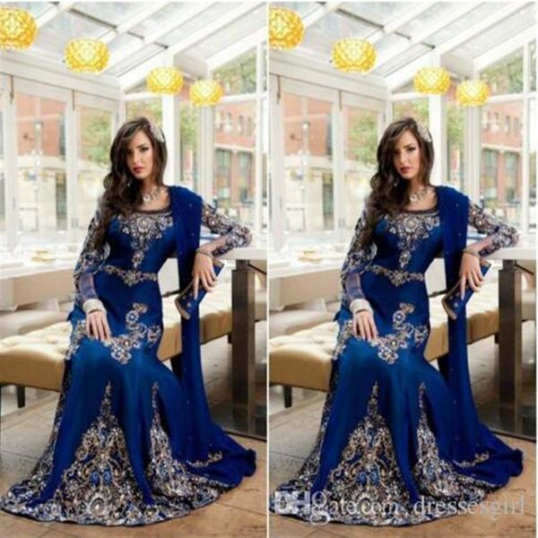 2017 Royal Blue Luxe Cristal Musulman Arabe Robes De Soirée Avec Applique Dentelle Abaya Dubaï Kaftan Longue Plus Taille Soirée Formelle G2399