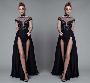 2017 Runway Fashion Sheer Neck Avondjurken Kant Applique Cap Sleeve Prom Dresses High Split Chiffon A Line Formele Partyjurken