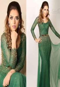 2017 Saoedi -Arabische avondjurken Green Bateau Lace Appliques kralen lange pure mouwen met riem prom -jurken5385373