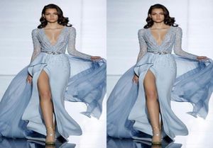 2017 Zie door sexy Zuhair Murad Mermaid -avondjurken met lange mouwen formele prom -jurk kristallen blauw hoge split Celebrity 7198690