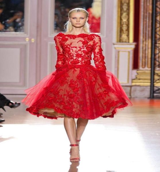 2017 Vente à manches longues Zuhair Murad Robes de soirée Bateau en dentelle rouge